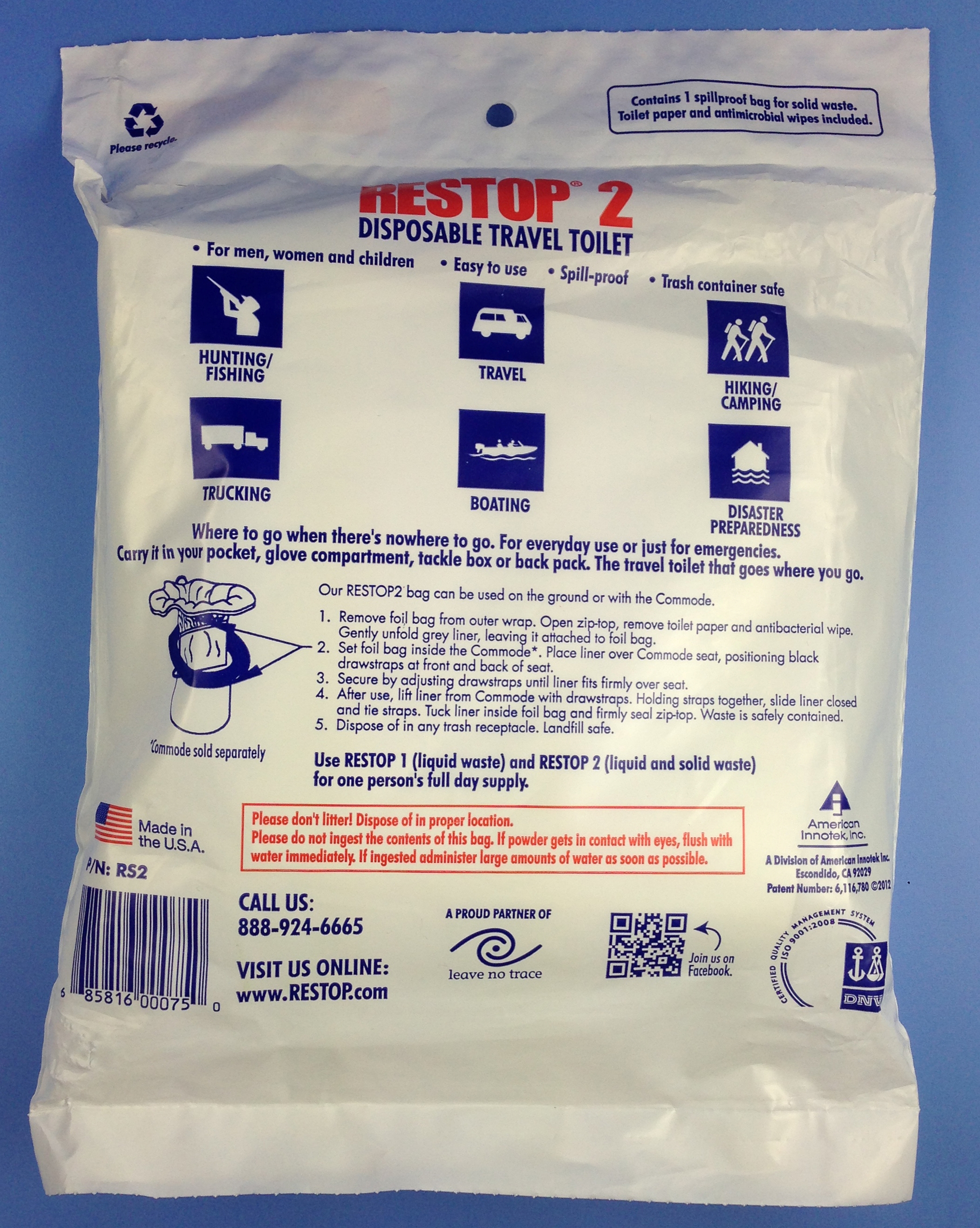 RESTOP 2 Disposable Travel Toilet For Solid & Liquid Waste Bag (Qty. 1)